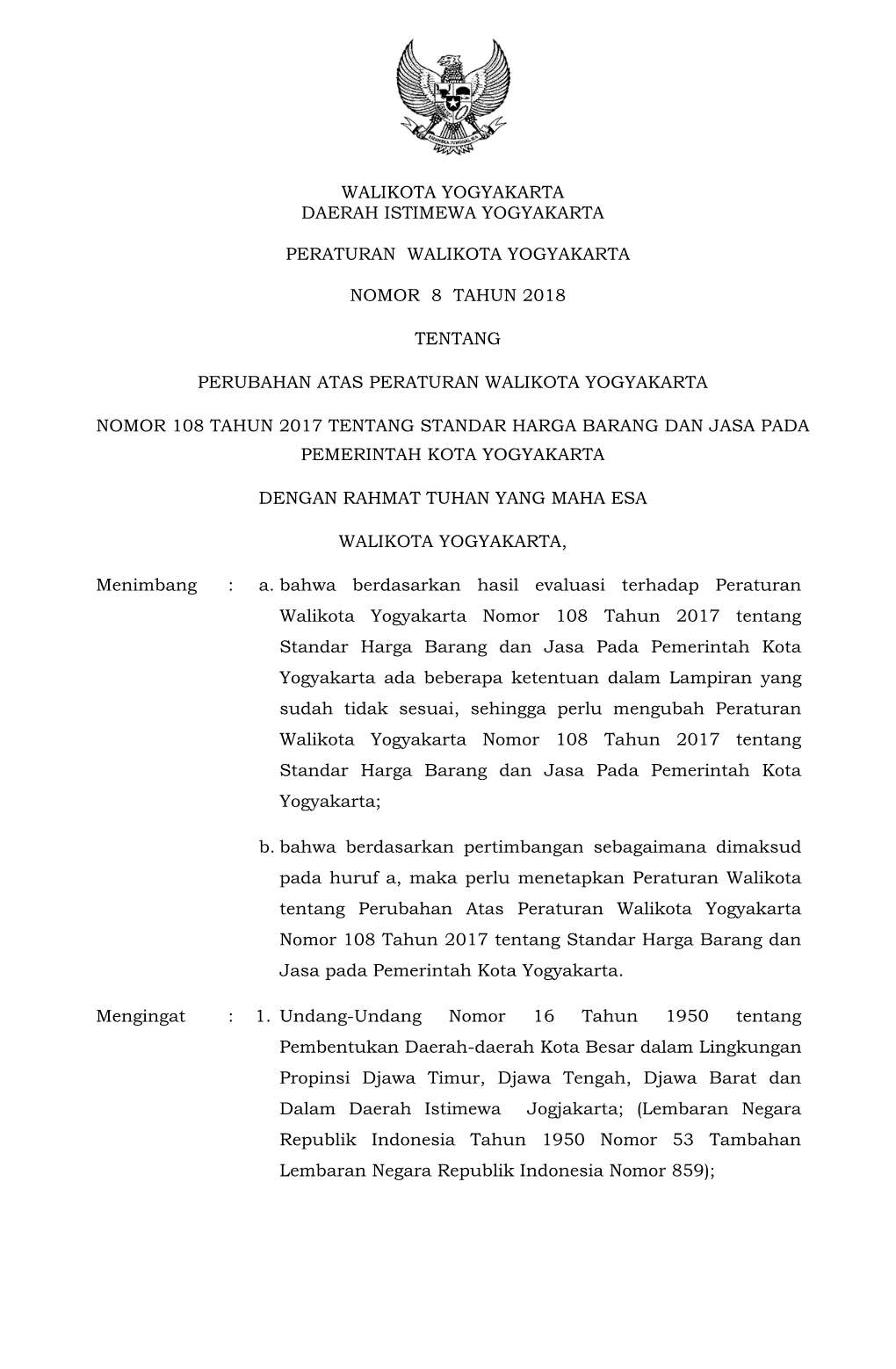 Perwal No 8 Tahun 2018 Ttg Perubahan Atas Peraturan Walikota