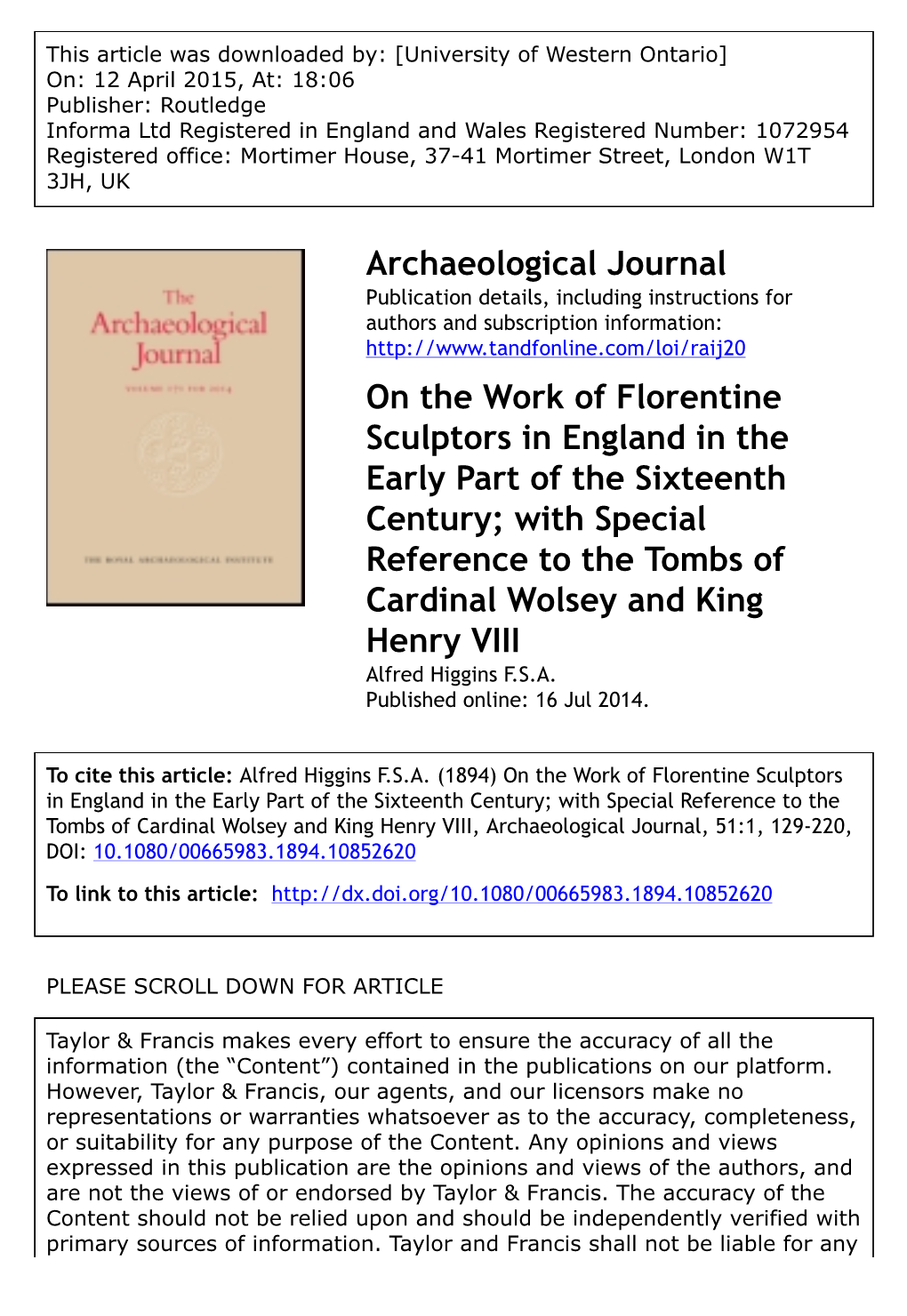 Archaeological Journal on the Work of Florentine Sculptors in England in the Early Part of the Sixteenth Century