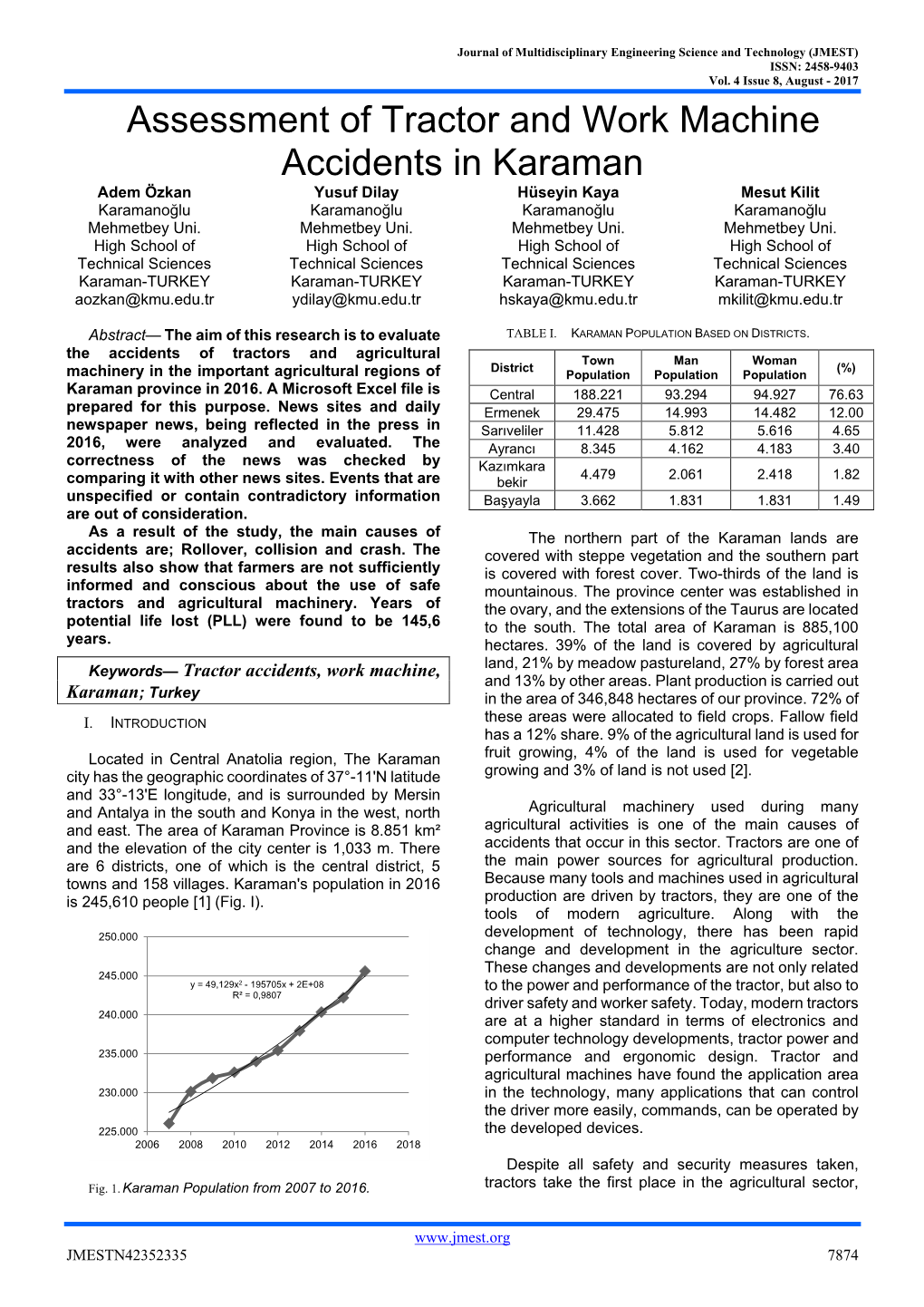 Assessment of Tractor and Work Machine Accidents in Karaman