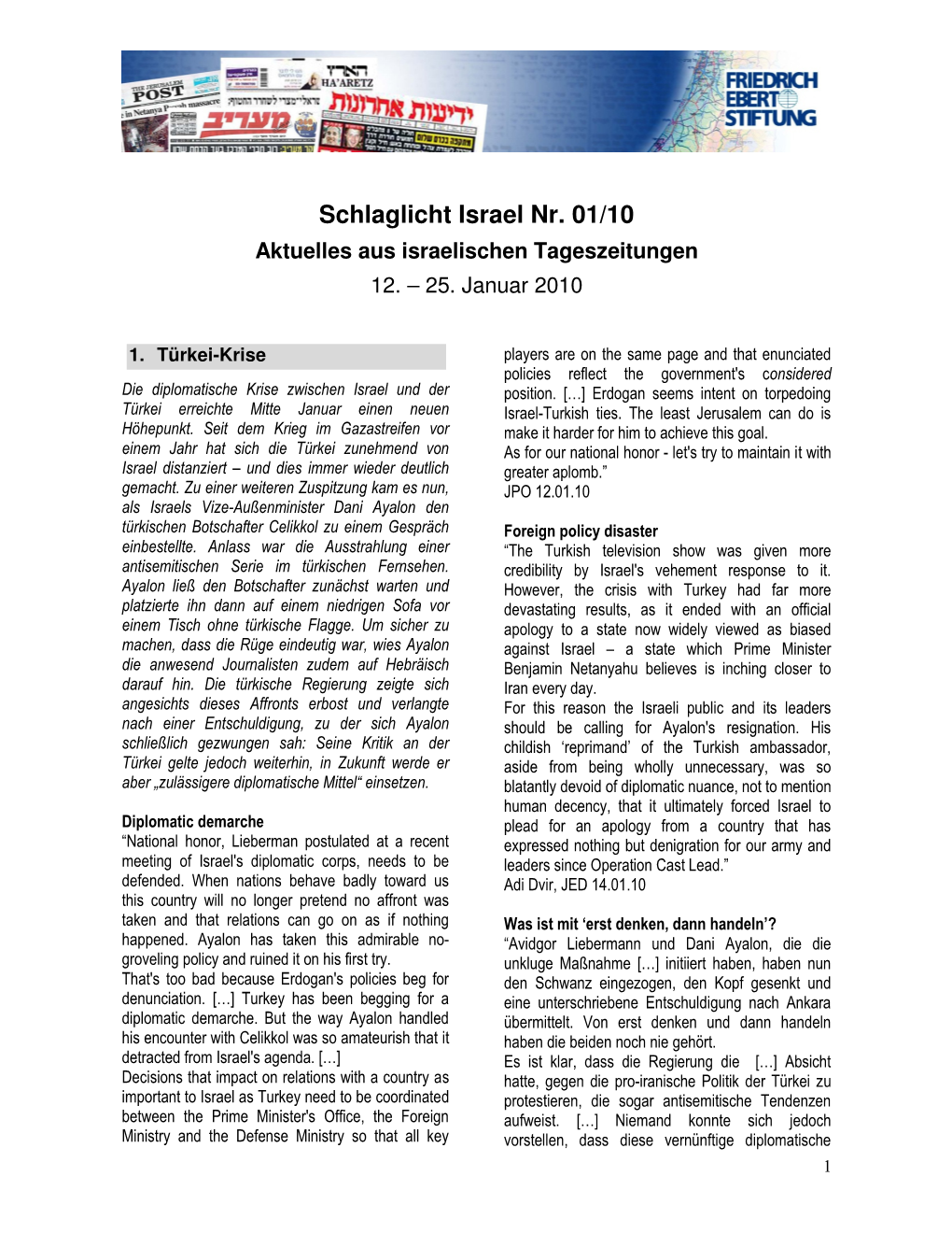 Schlaglicht Israel Nr. 01/10 Aktuelles Aus Israelischen Tageszeitungen 12