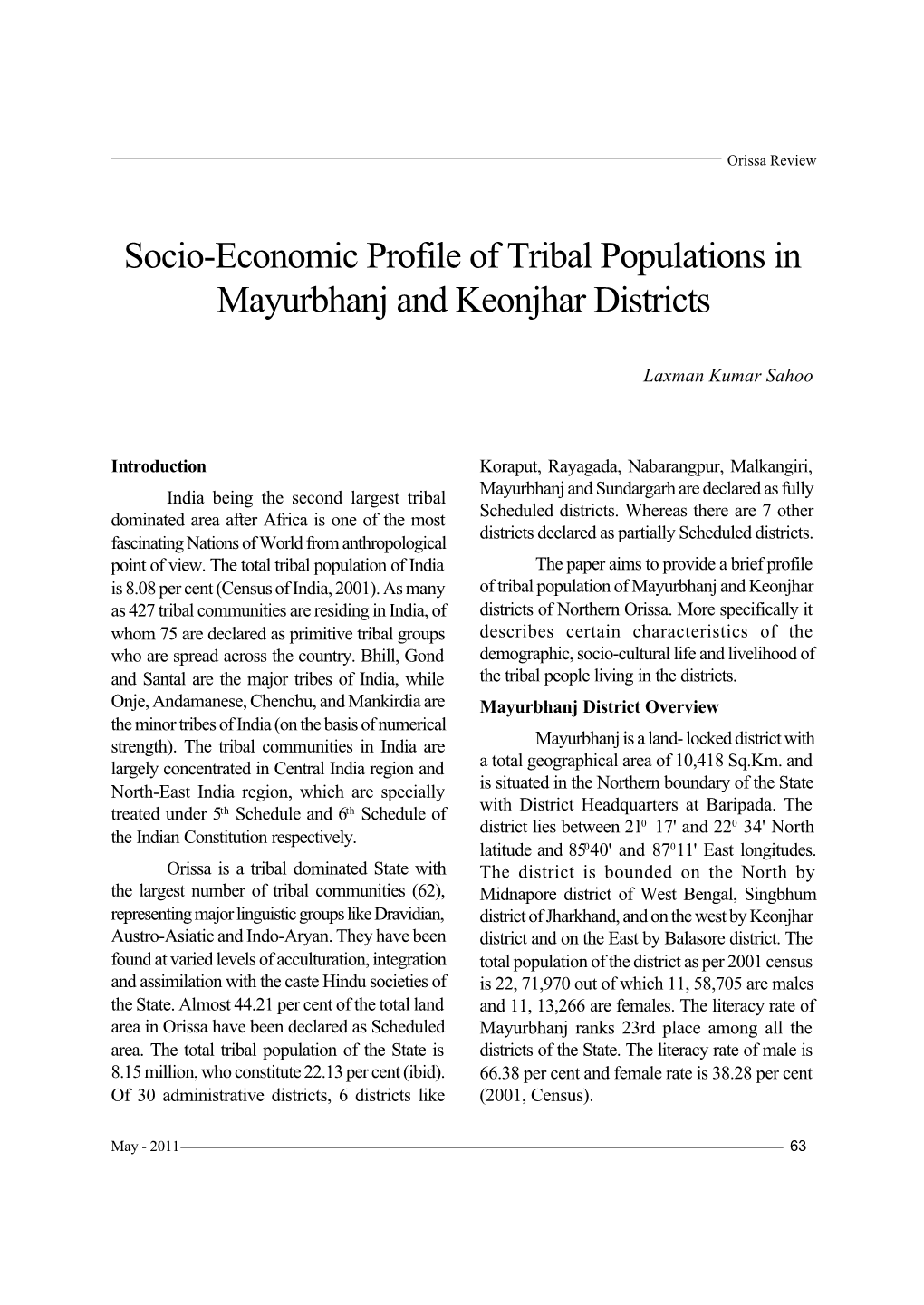 Socio-Economic Profile of Tribal Populations in Mayurbhanj and Keonjhar Districts