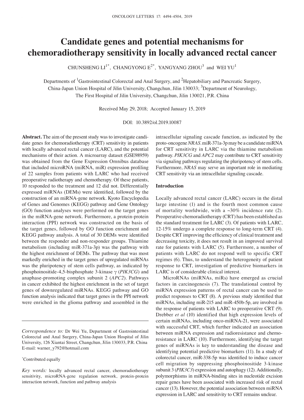 Candidate Genes and Potential Mechanisms for Chemoradiotherapy Sensitivity in Locally Advanced Rectal Cancer