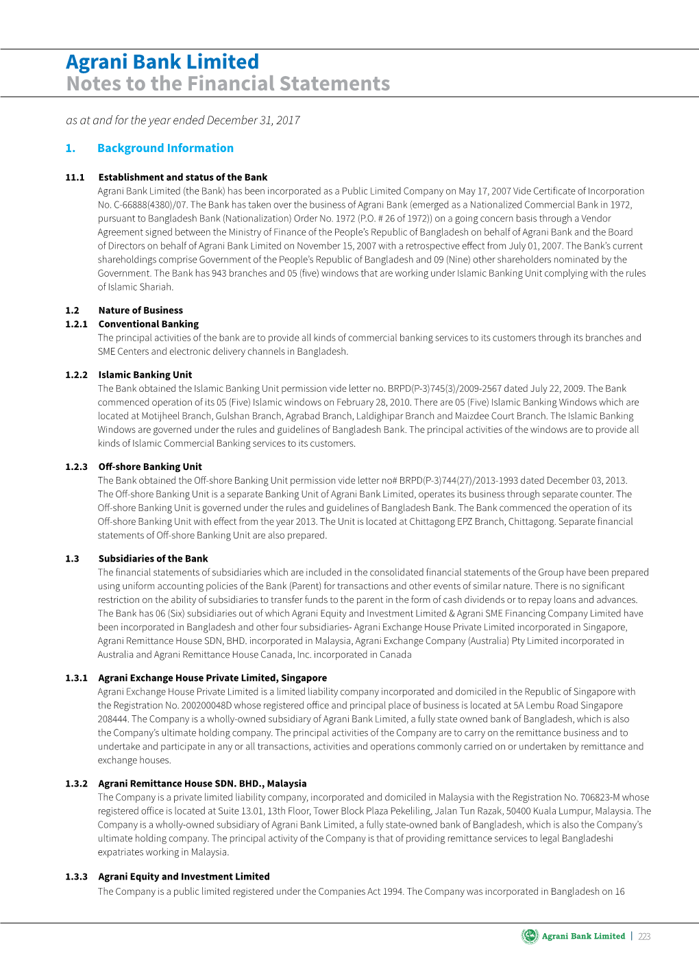 Agrani Bank Limited Notes to the Financial Statements As at and for the Year Ended December 31, 2017