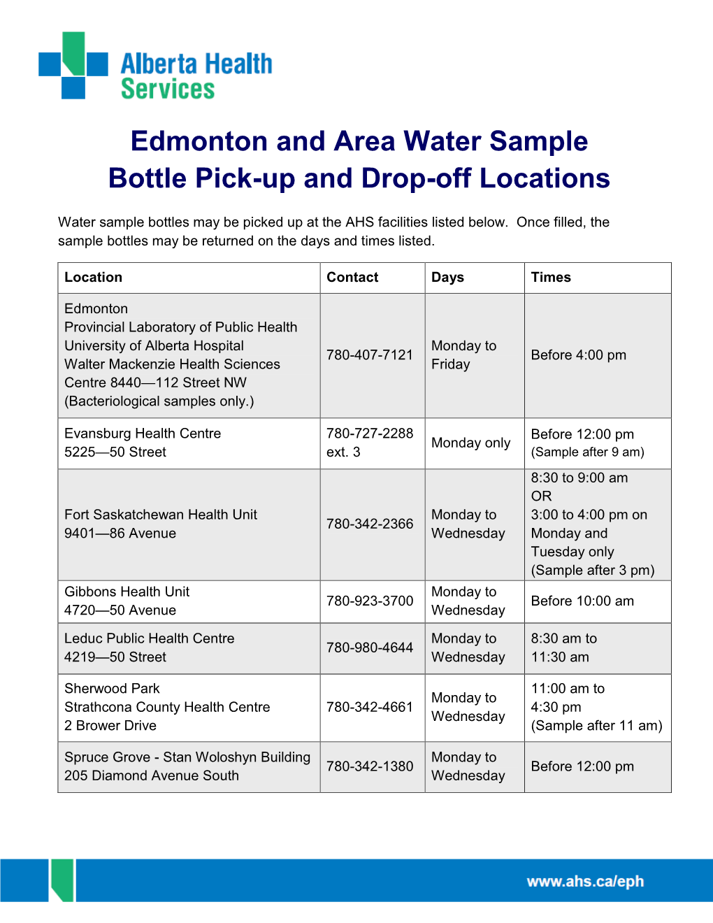 Edmonton and Area Water Sample Bottle Pick-Up and Drop-Off Locations