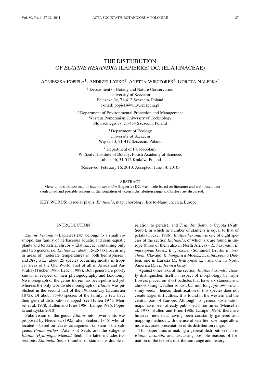 The Distribution of Elatine Hexandra (Lapierre) Dc