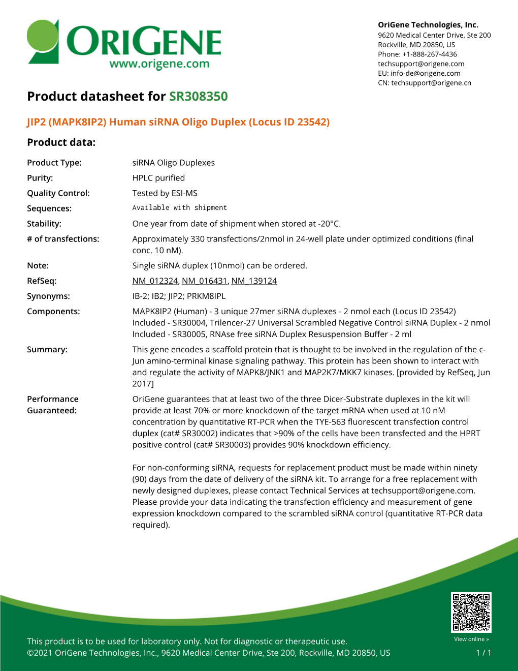 JIP2 (MAPK8IP2) Human Sirna Oligo Duplex (Locus ID 23542) – SR308350 | Origene