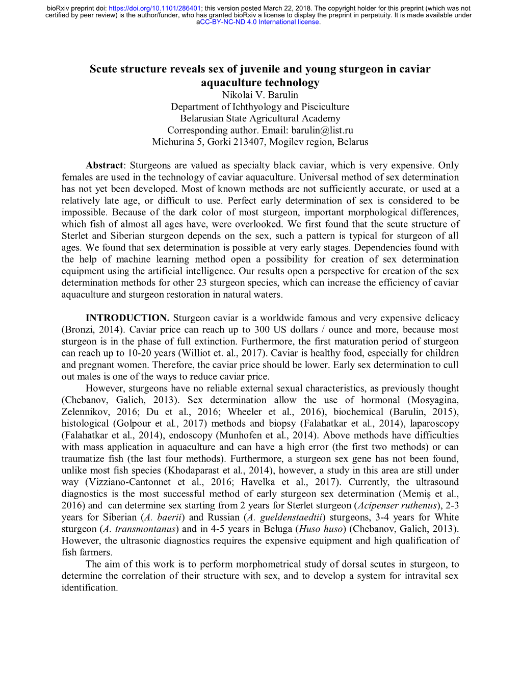 Scute Structure Reveals Sex of Juvenile and Young Sturgeon in Caviar Aquaculture Technology Nikolai V