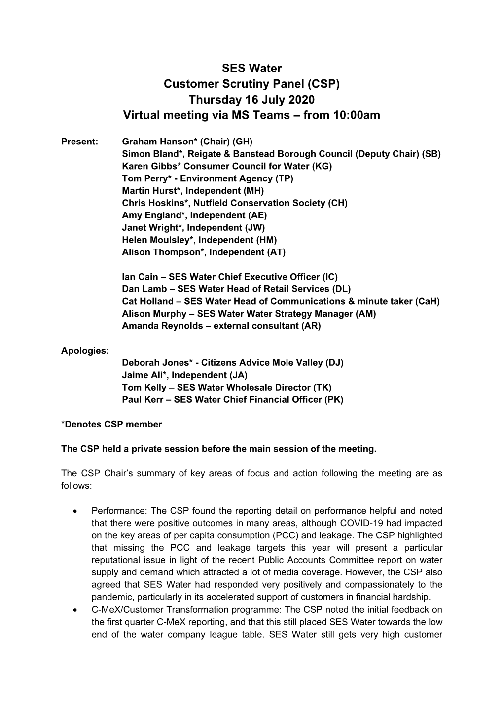 (CSP) Thursday 16 July 2020 Virtual Meeting Via MS Teams – from 10:00Am