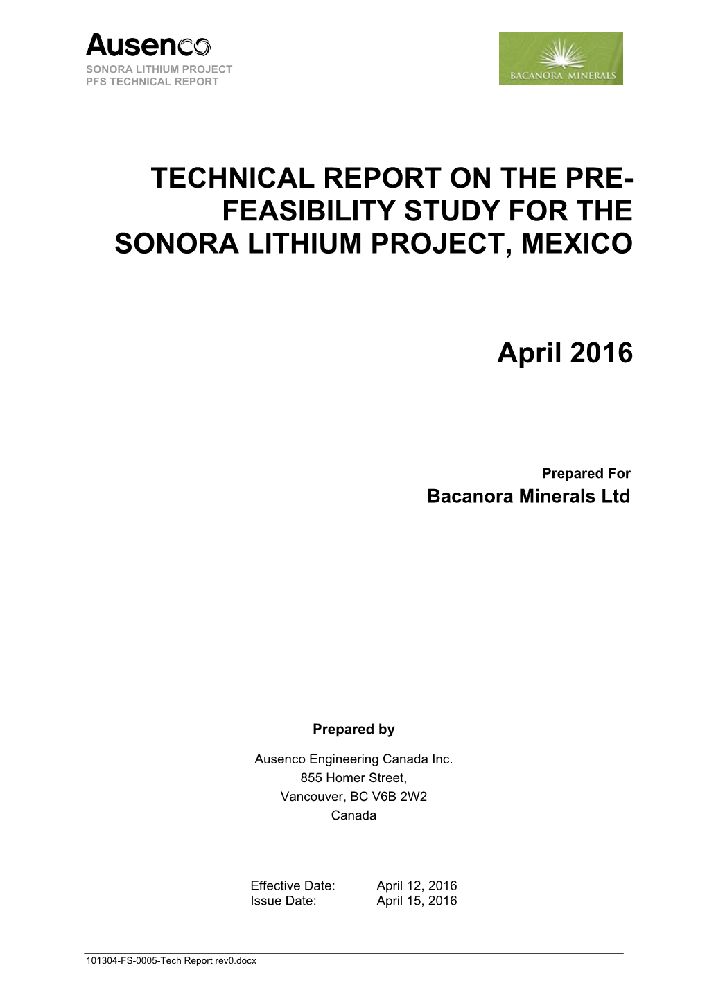 Sonora Lithium Project Pfs Technical Report