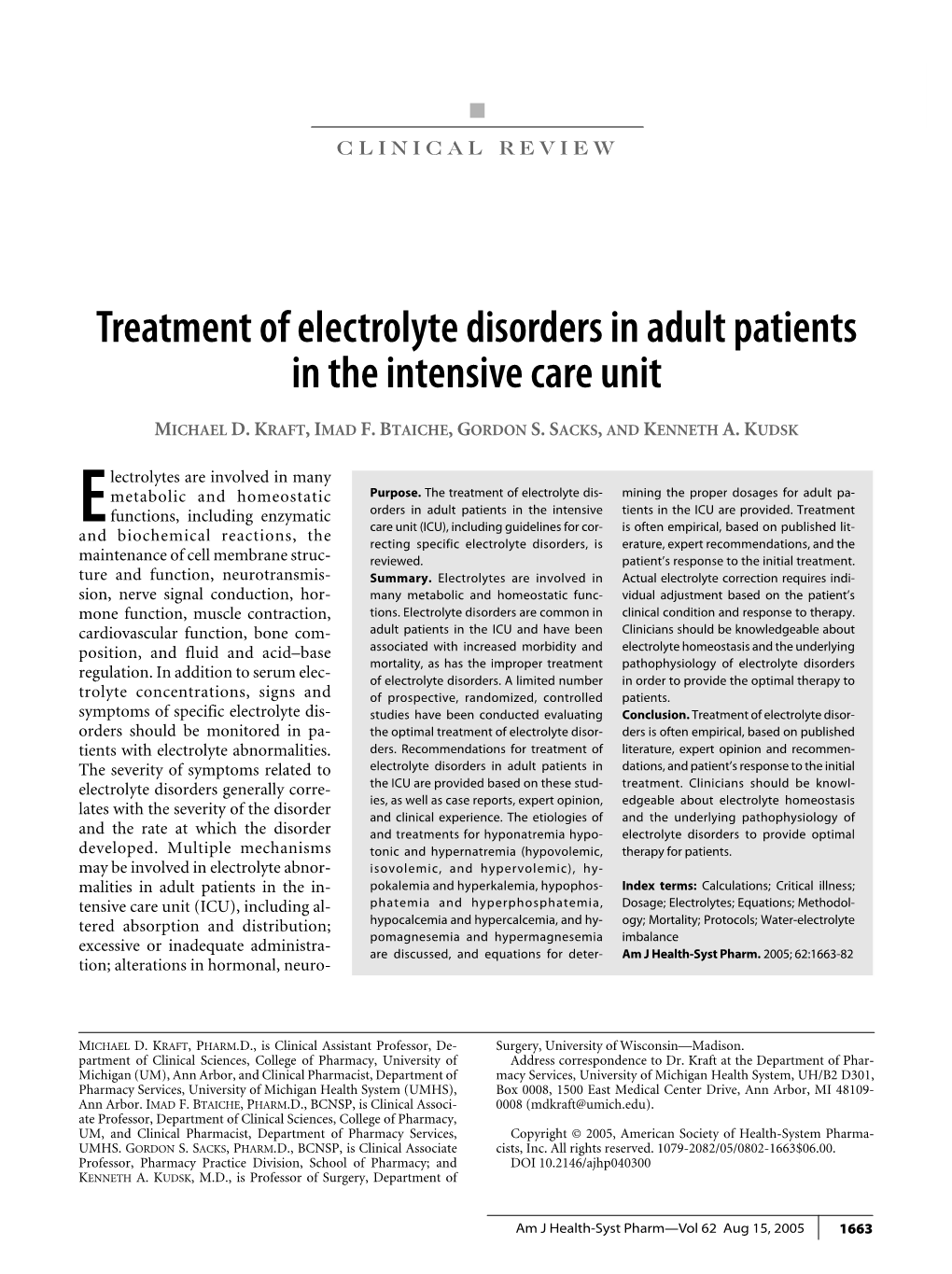 Treatment of Electrolyte Disorders in Adult Patients in the Intensive Care Unit