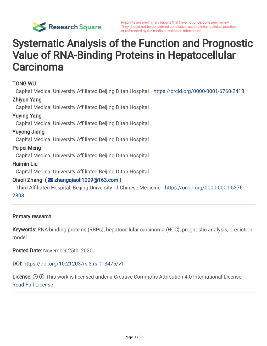 Systematic Analysis of the Function and Prognostic Value of RNA-Binding Proteins in Hepatocellular Carcinoma
