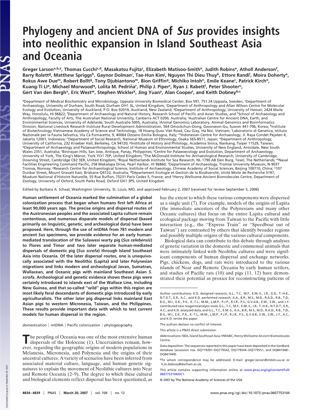 Phylogeny and Ancient DNA of Sus Provides Insights Into Neolithic Expansion in Island Southeast Asia and Oceania