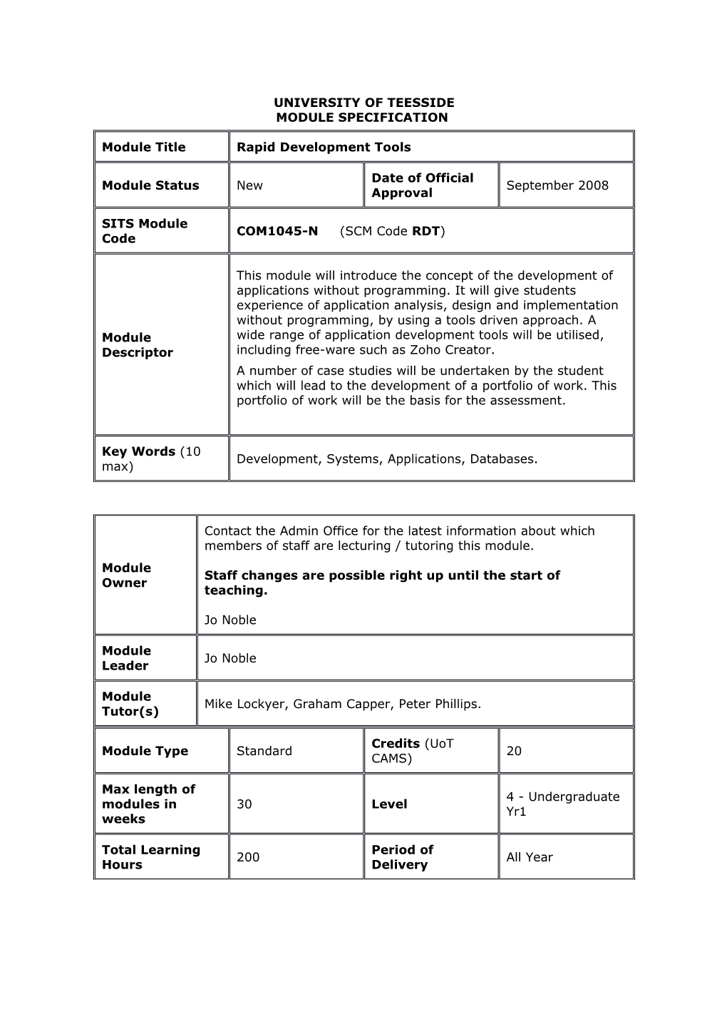 University of Teesside Module Specification