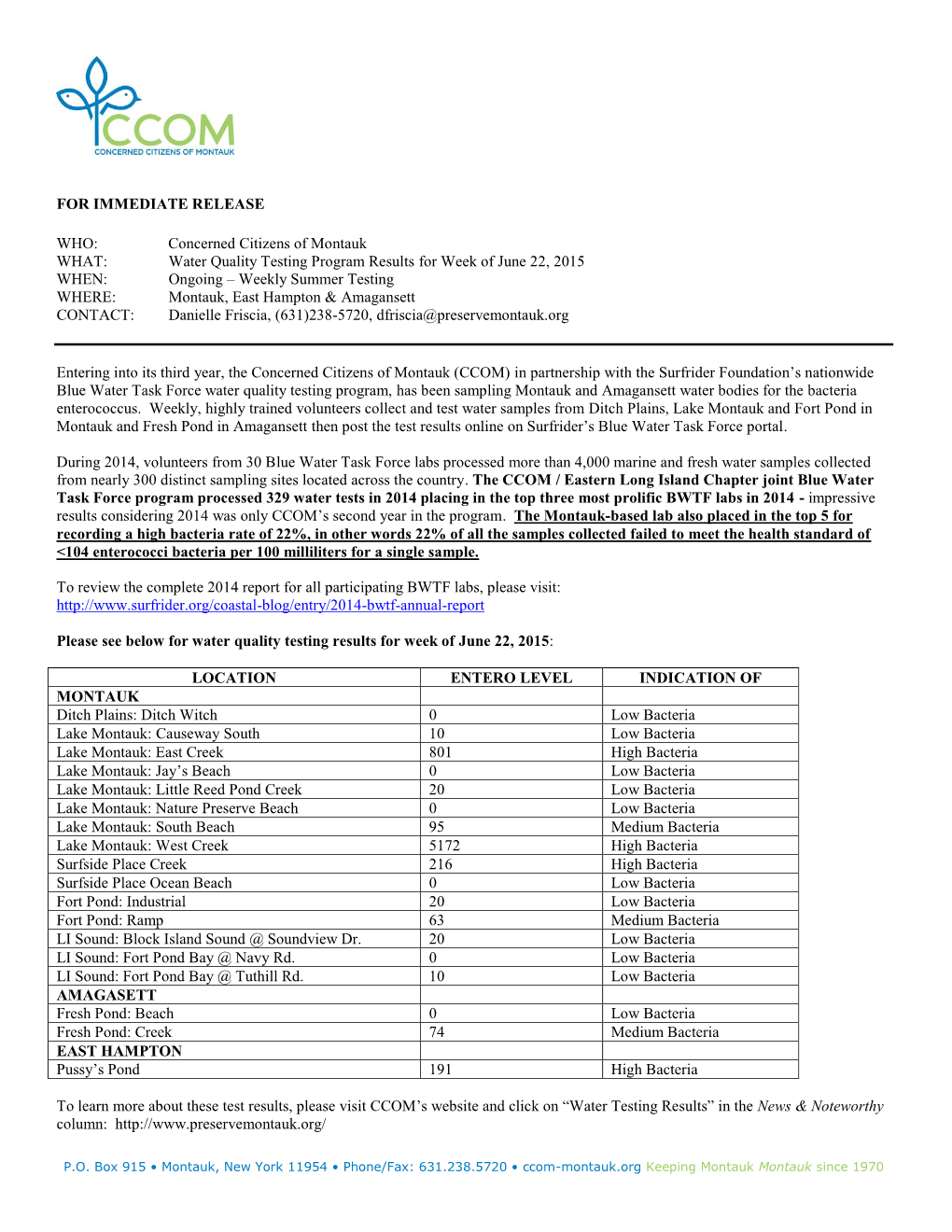 Water Quality Testing Program Results for Week of June 22