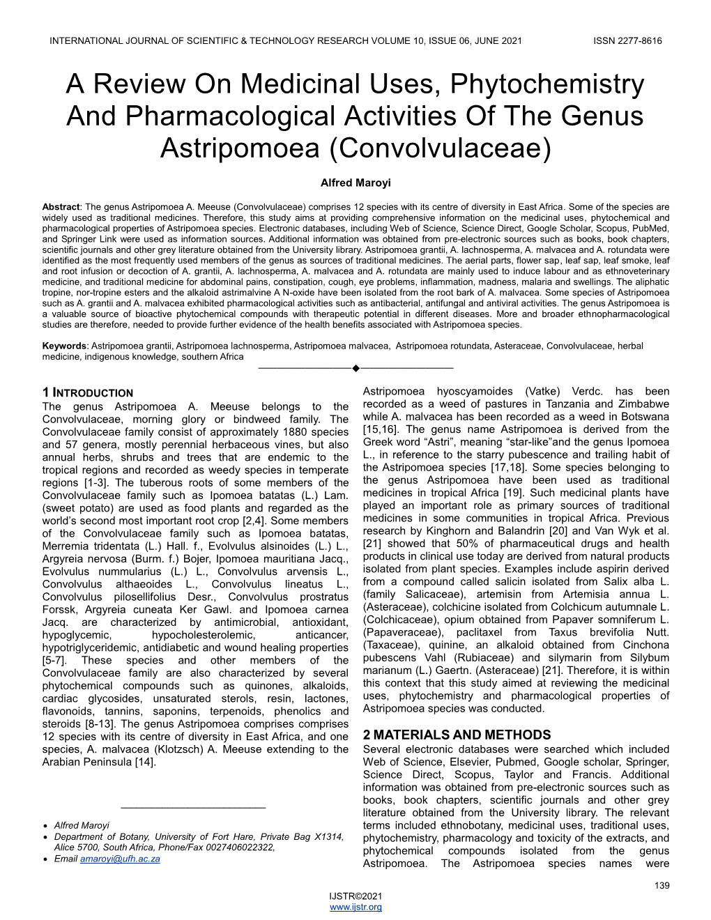 A Review on Medicinal Uses, Phytochemistry and Pharmacological Activities of the Genus Astripomoea (Convolvulaceae)