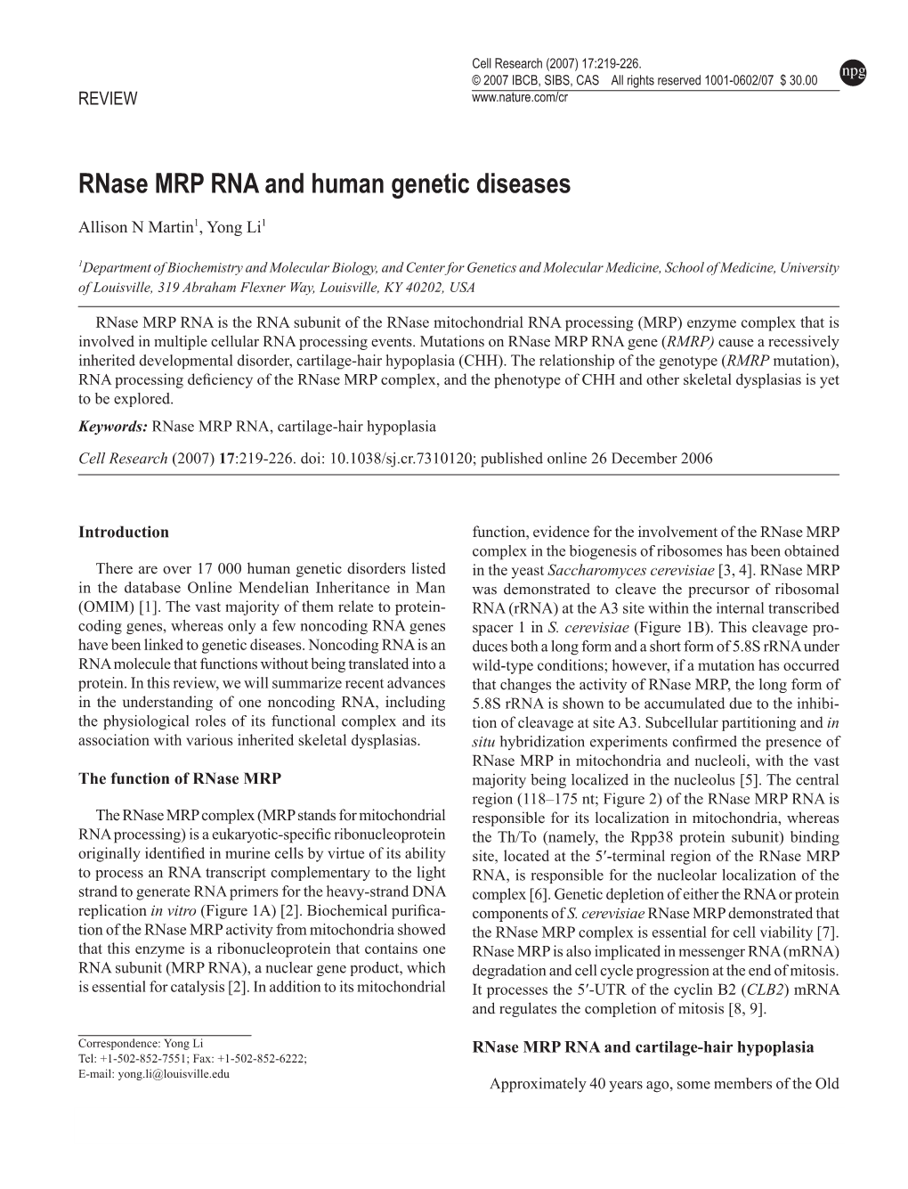 Rnase MRP RNA and Human Genetic Diseases
