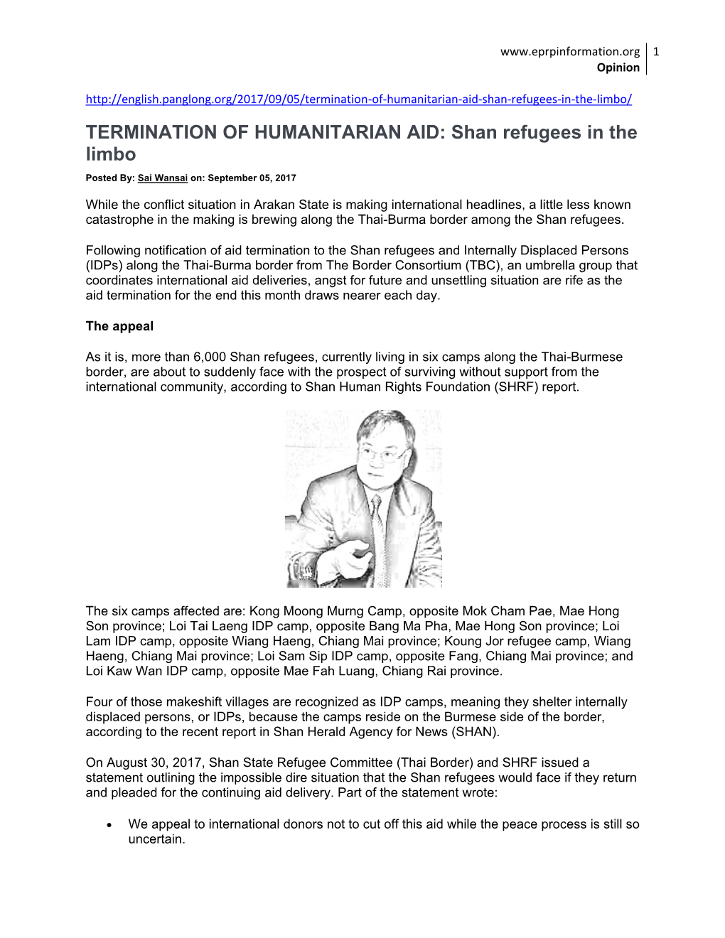 TERMINATION of HUMANITARIAN AID: Shan Refugees in the Limbo Posted By: Sai Wansai On: September 05, 2017