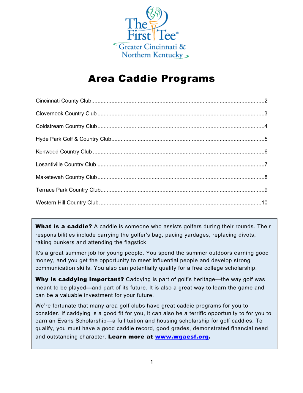 Area Caddie Programs