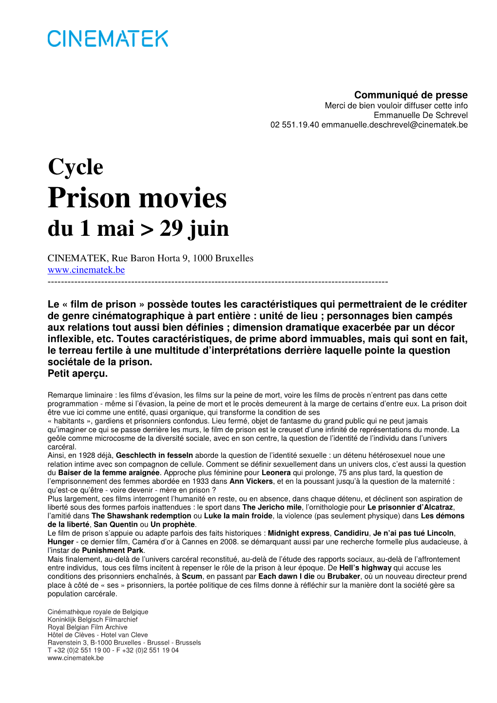 Prison Movies Du 1 Mai > 29 Juin