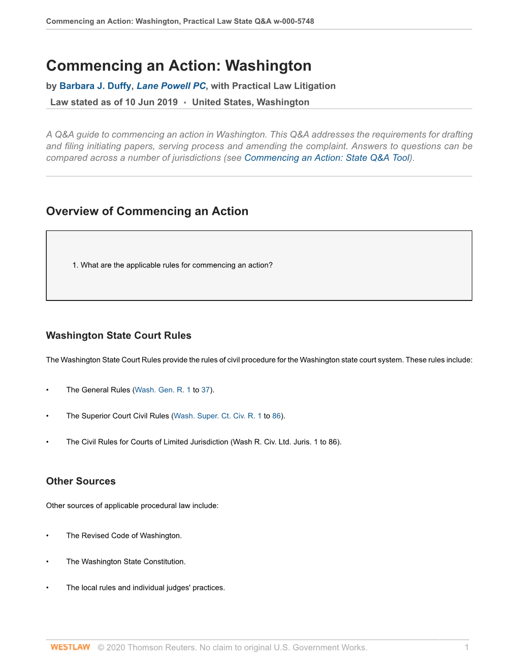 Commencing an Action: Washington, Practical Law State Q&A W-000-5748