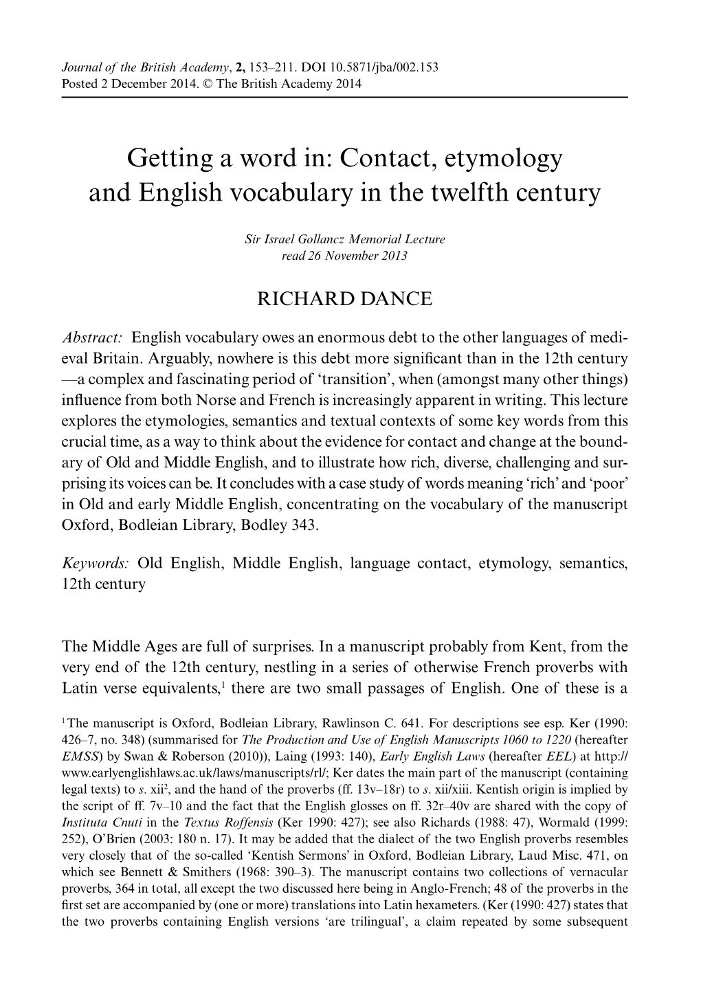 Contact, Etymology and English Vocabulary in the Twelfth Century