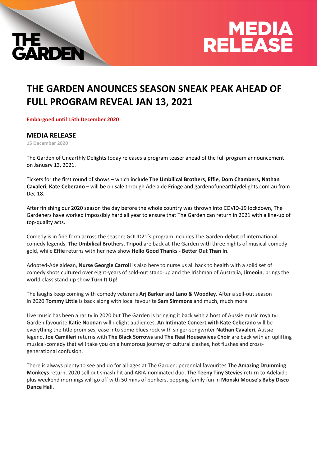 The Garden Anounces Season Sneak Peak Ahead of Full Program Reveal Jan 13, 2021