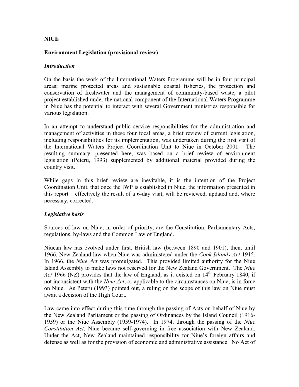 NIUE Environment Legislation (Provisional Review)