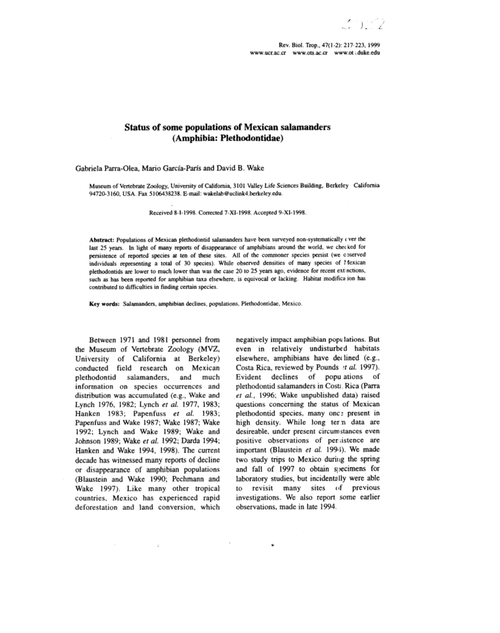 Status of Some Populations of Mexican Salamanders (Amphibia: Plethodontidae)