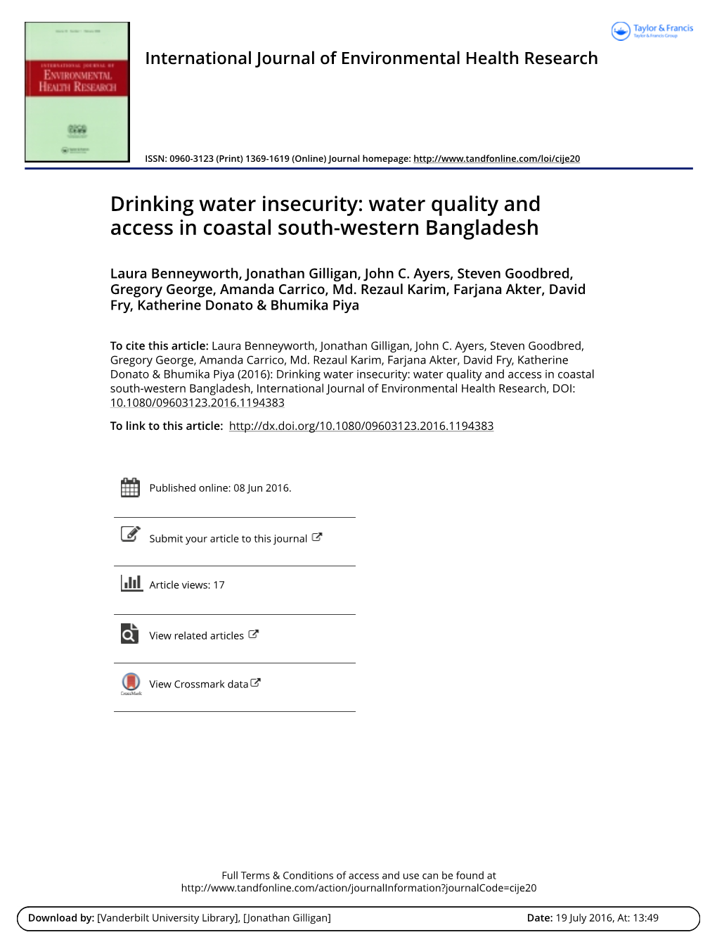 Drinking Water Insecurity: Water Quality and Access in Coastal South-Western Bangladesh