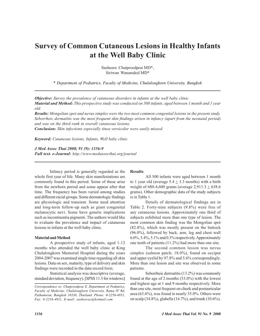 Survey of Common Cutaneous Lesions in Healthy Infants at the Well Baby Clinic