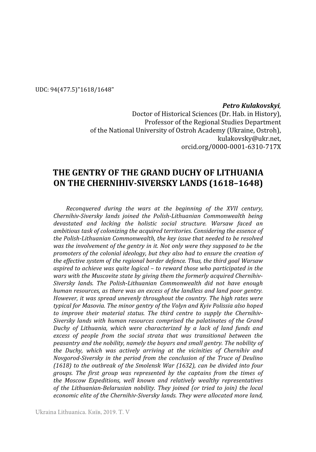 The Gentry of the Grand Duchy of Lithuania on the Chernihiv-Siversky Lands (1618–1648)