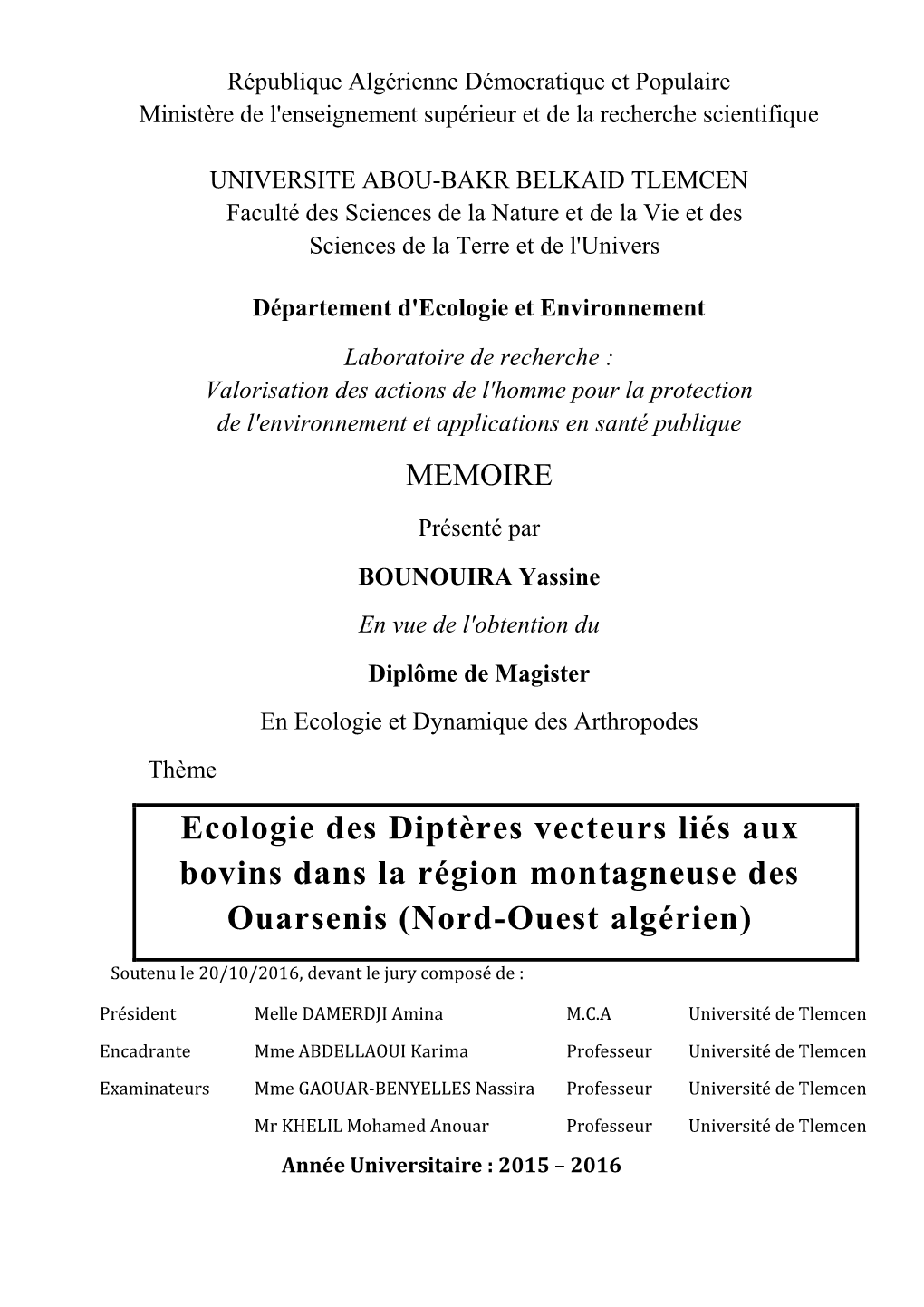 Ecologie Des Diptères Vecteurs Liés Aux Bovins Dans La Région Montagneuse Des Ouarsenis (Nord-Ouest Algérien)