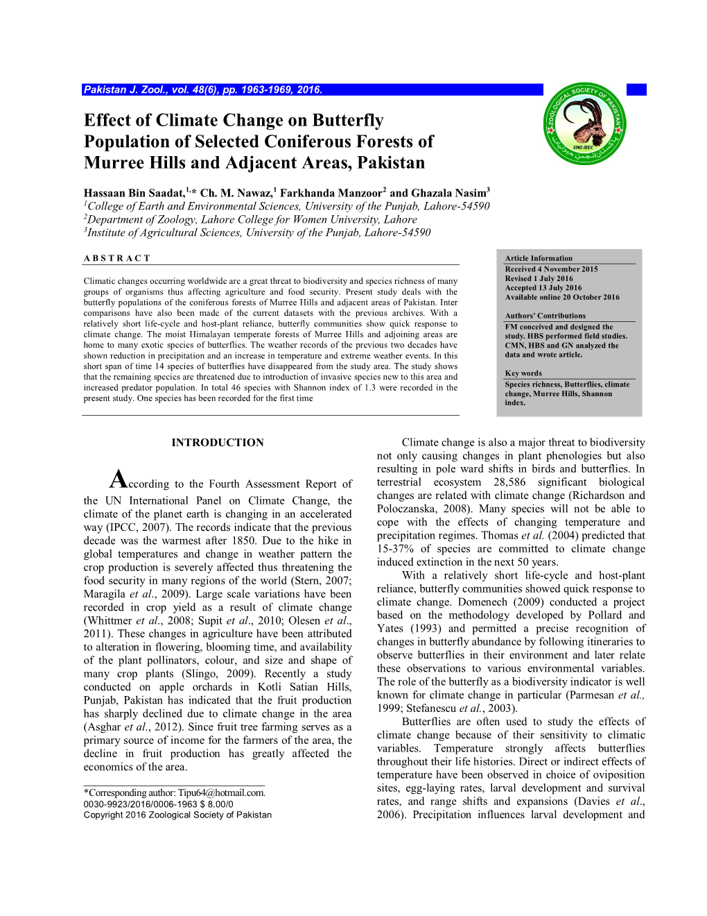 Effect of Climate Change on Butterfly Population of Selected Coniferous Forests of Murree Hills and Adjacent Areas, Pakistan