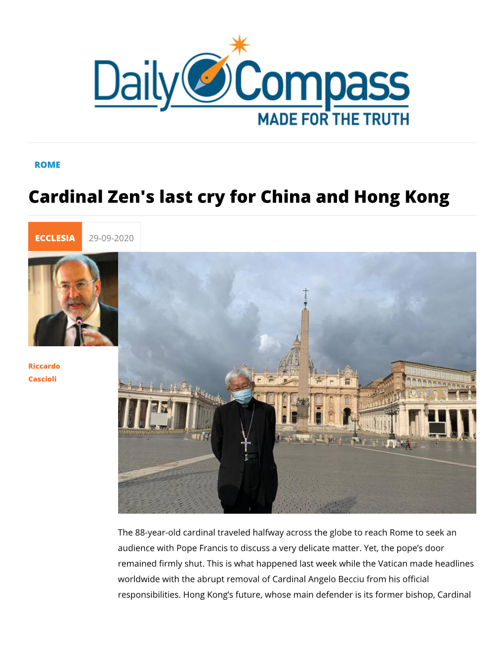Cardinal Zen's Last Cry for China and Hong Kong