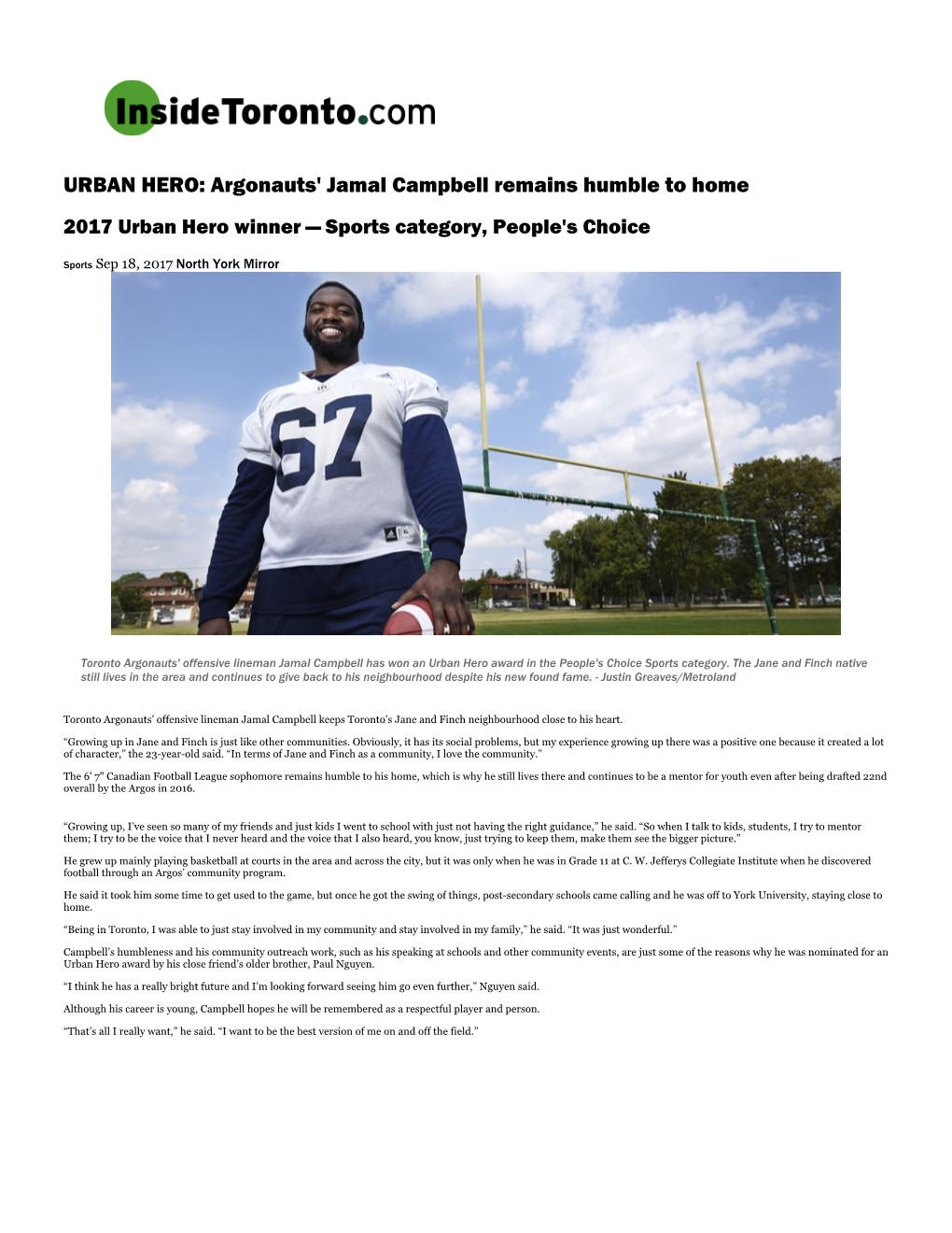 URBAN HERO: Argonauts' Jamal Campbell Remains Humble to Home 2017 Urban Hero Winner — Sports Category, People's Choice