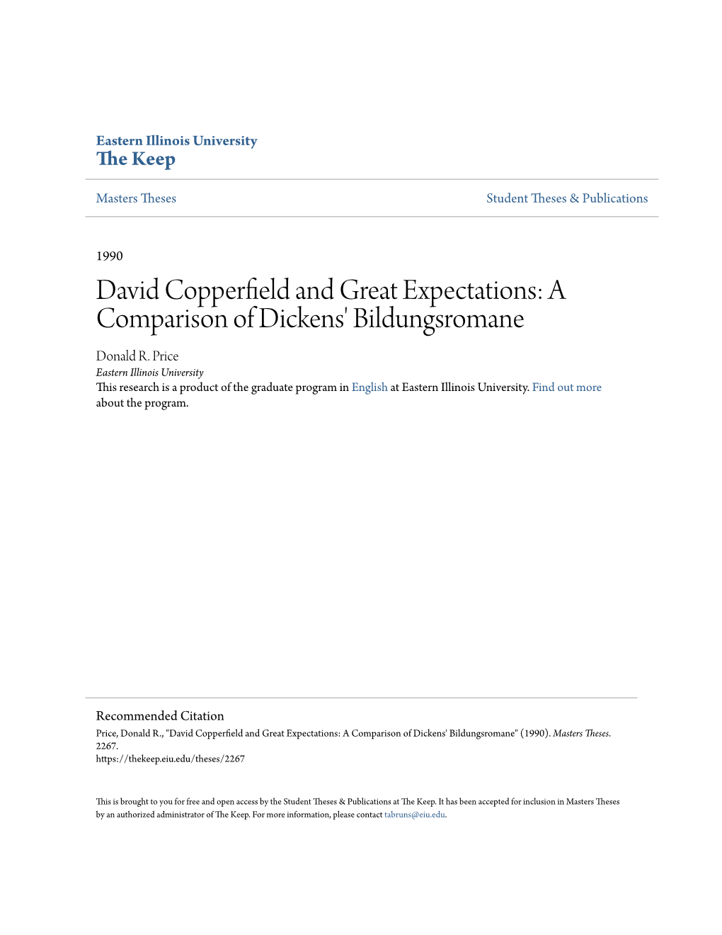 David Copperfield and Great Expectations: a Comparison of Dickens' Bildungsromane" (1990)