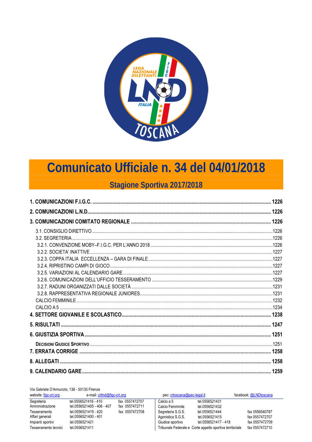 Comunicato Ufficiale N. 34 Del 04/01/2018