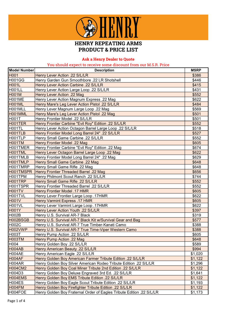 Henry Repeating Arms Product & Price List
