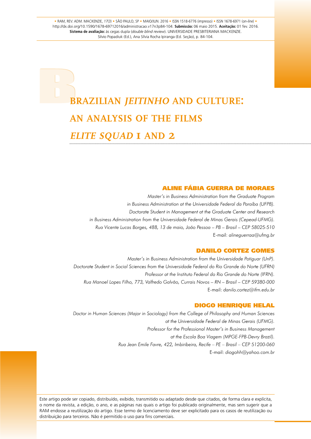 Brazilian Jeitinho and Culture an Analysis of the Films Elite Squad 1