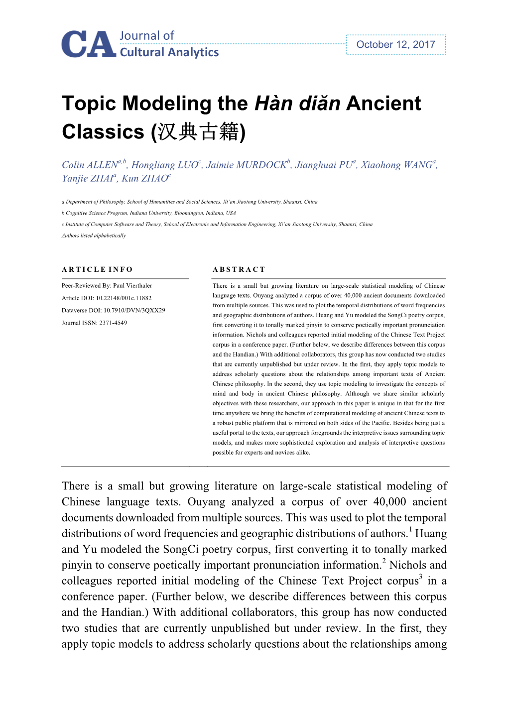 Topic Modeling the Hàn Diăn Ancient Classics (汉典古籍)