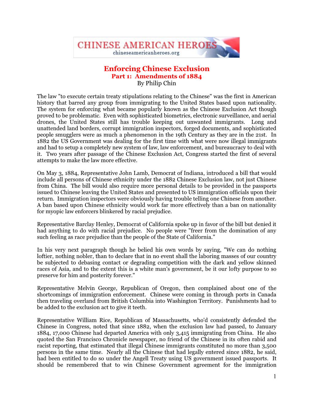 Enforcing Chinese Exclusion Part 1: Amendments of 1884 by Philip Chin