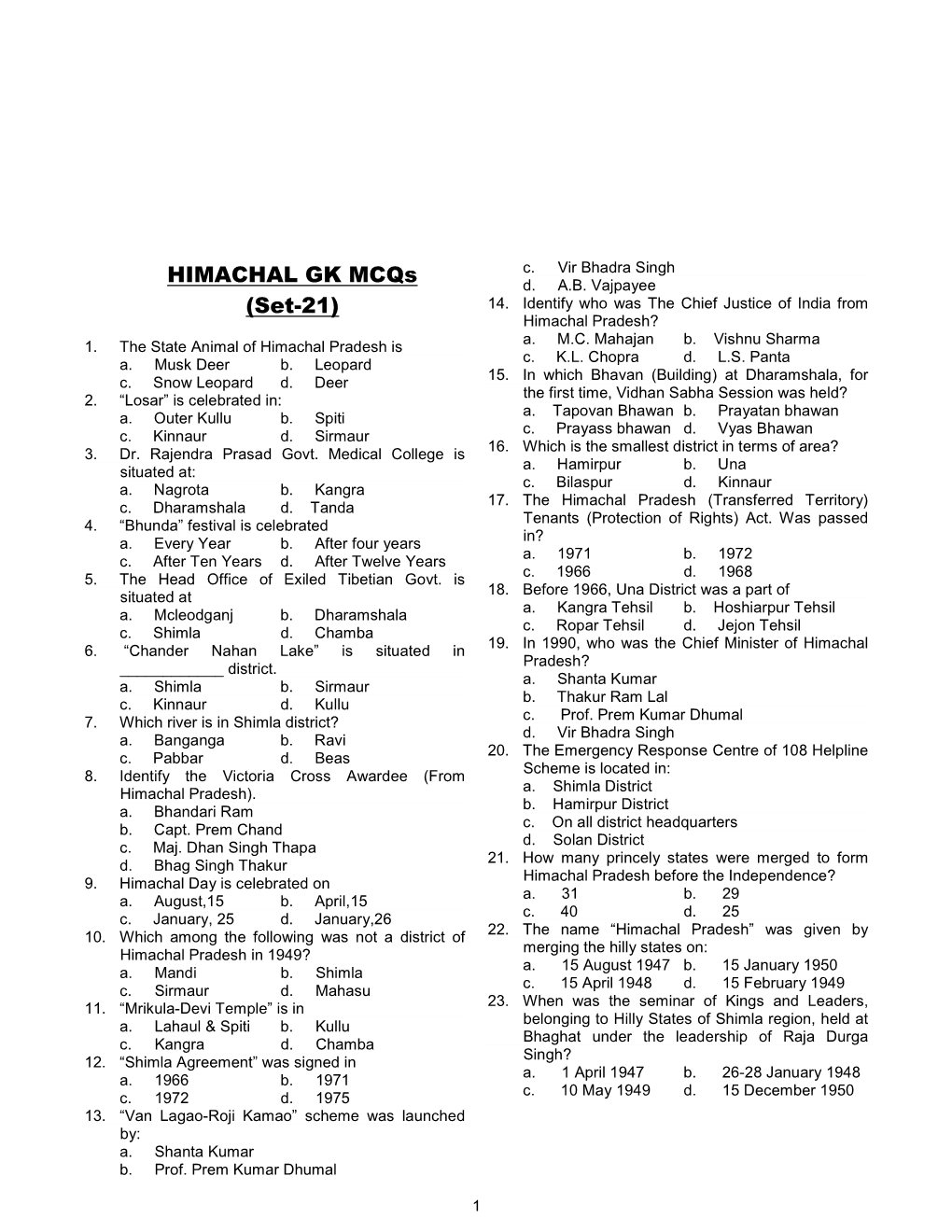 HIMACHAL GK Mcqs (Set-21)