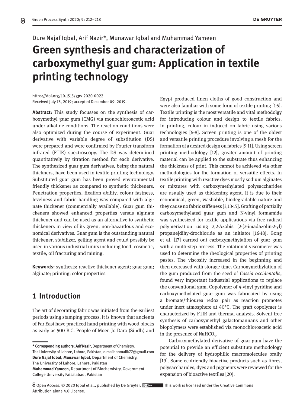 Green Synthesis and Characterization of Carboxymethyl Guar Gum 213