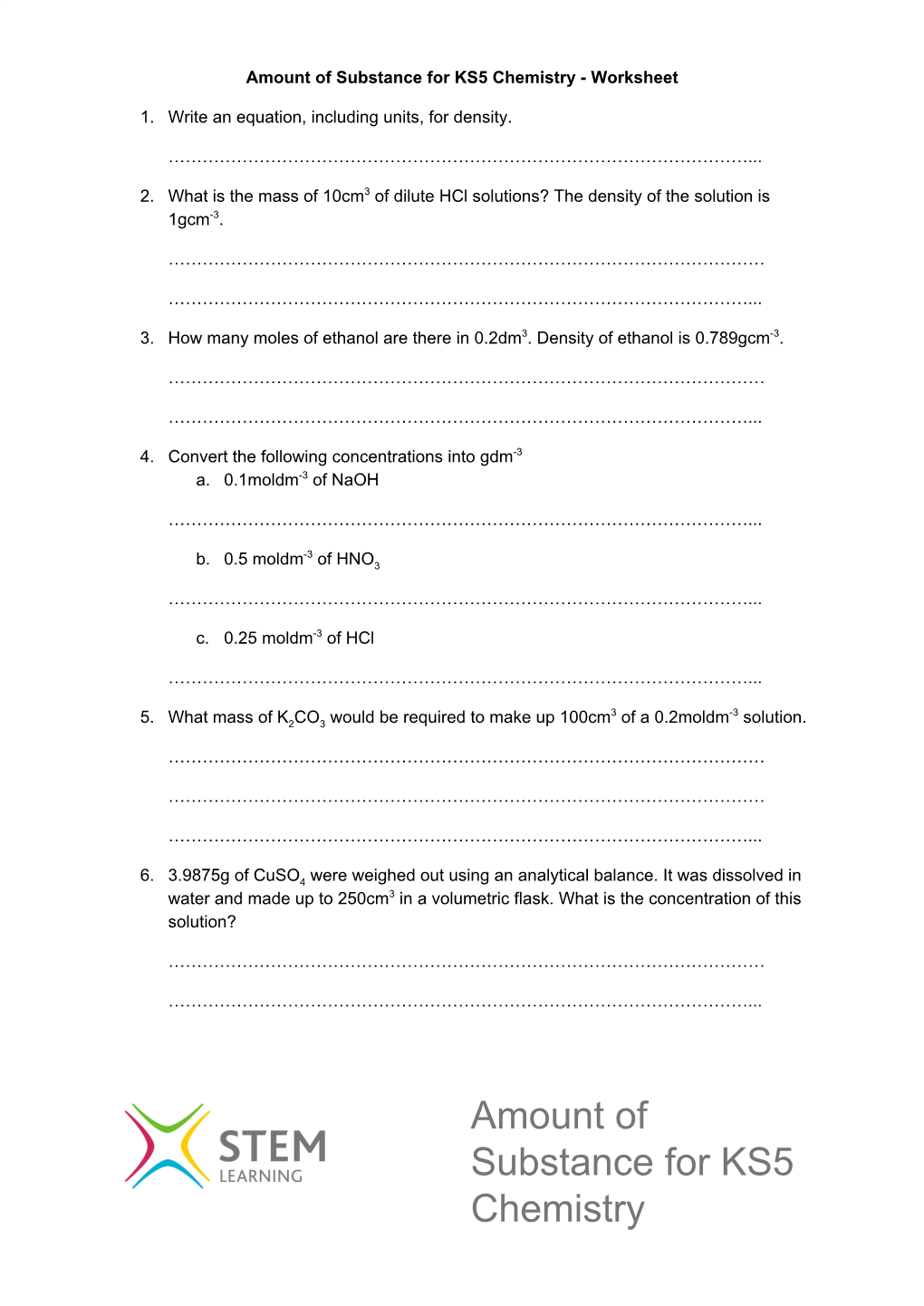 Amount of Substance for KS5 Chemistry - Worksheet