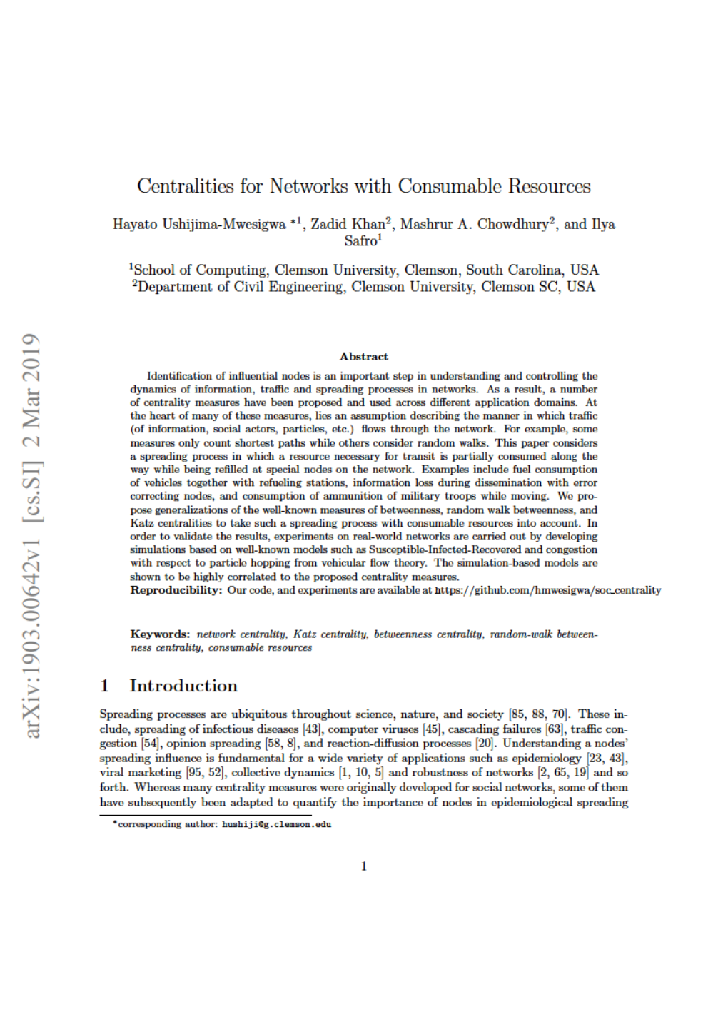 Ar Xiv:1903.00642V1gestion[54], [Cs.SI] 2 Mar 2019 Opinion Spreading[58, 8], and Reaction-Diﬀusion Processes[20]