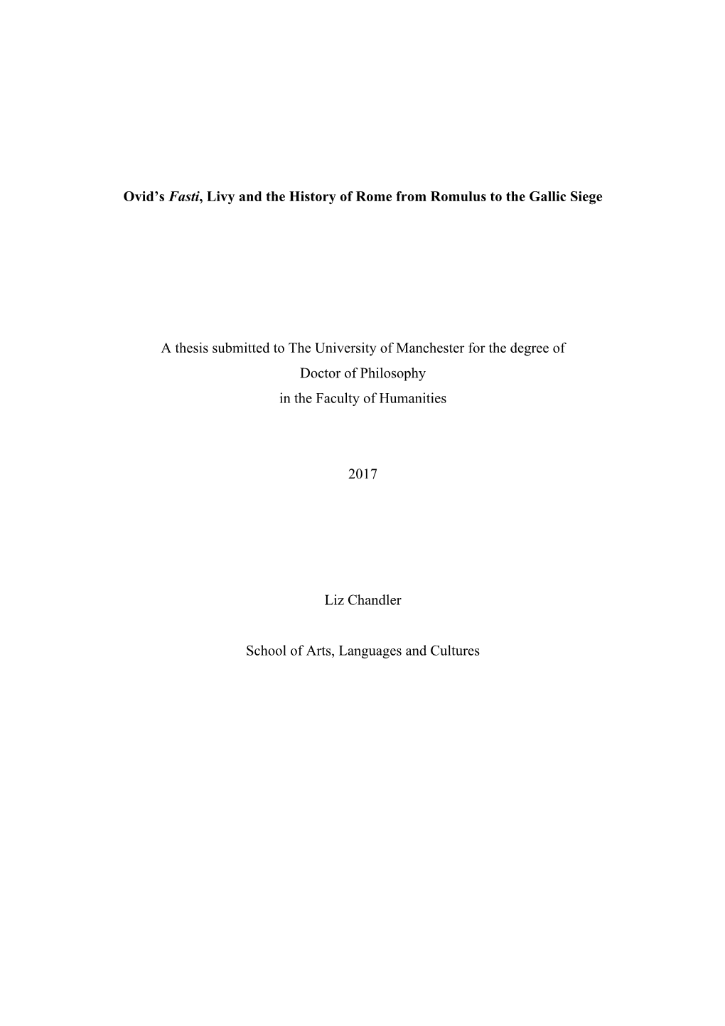 Ovid's Fasti, Livy and the History of Rome from Romulus to the Gallic