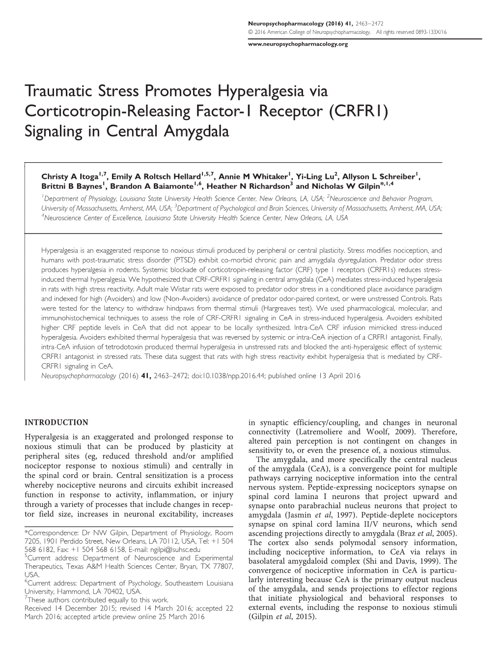 (CRFR1) Signaling in Central Amygdala