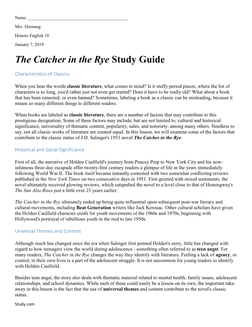 The Catcher in the Rye Study Guide