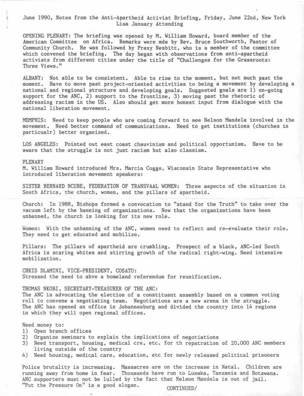 CONTINUED/ June 1990, Notes from the Anti-Apartheid Activist Briefing