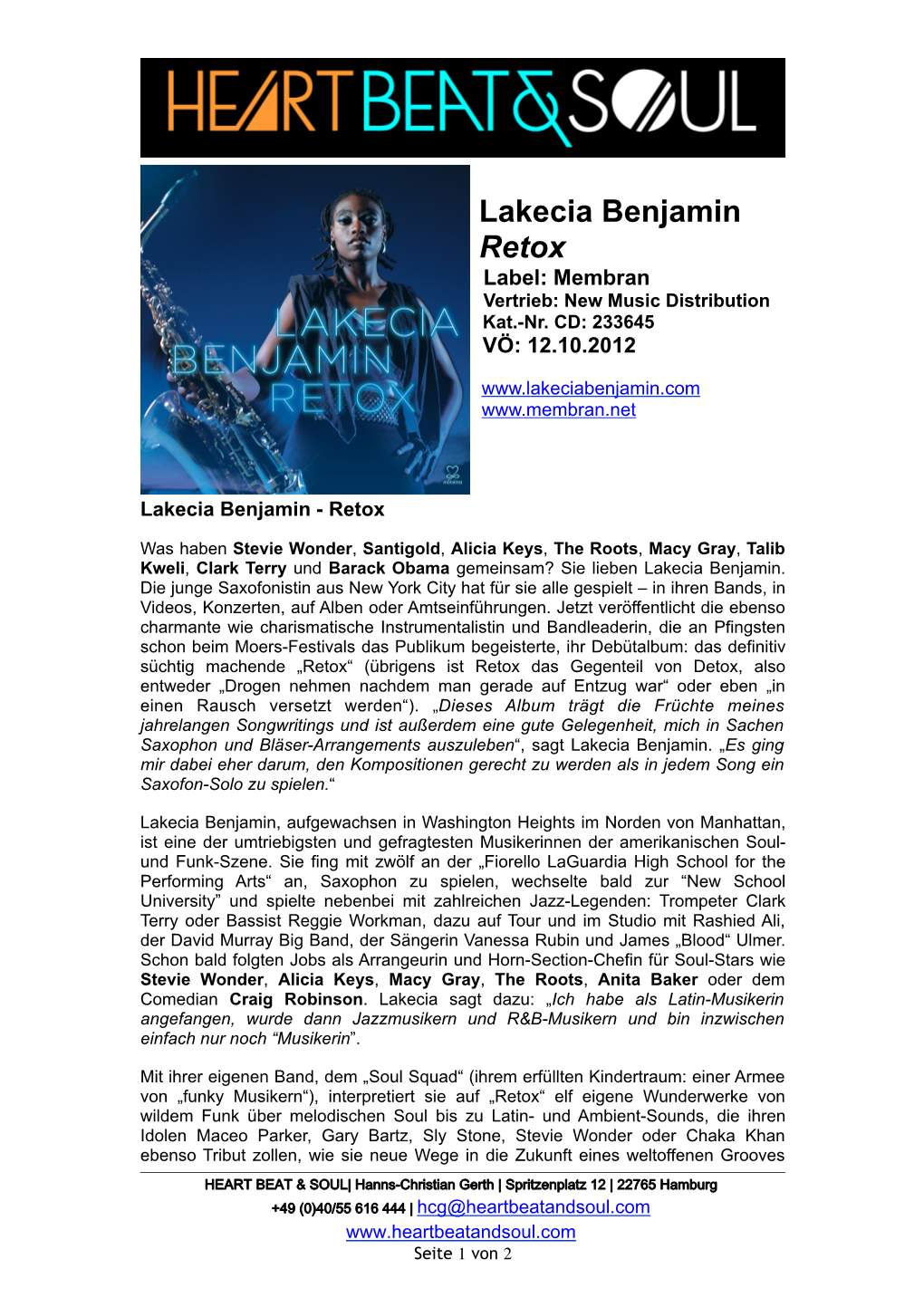 Lakecia Benjamin Retox Label: Membran Vertrieb: New Music Distribution Kat.-Nr